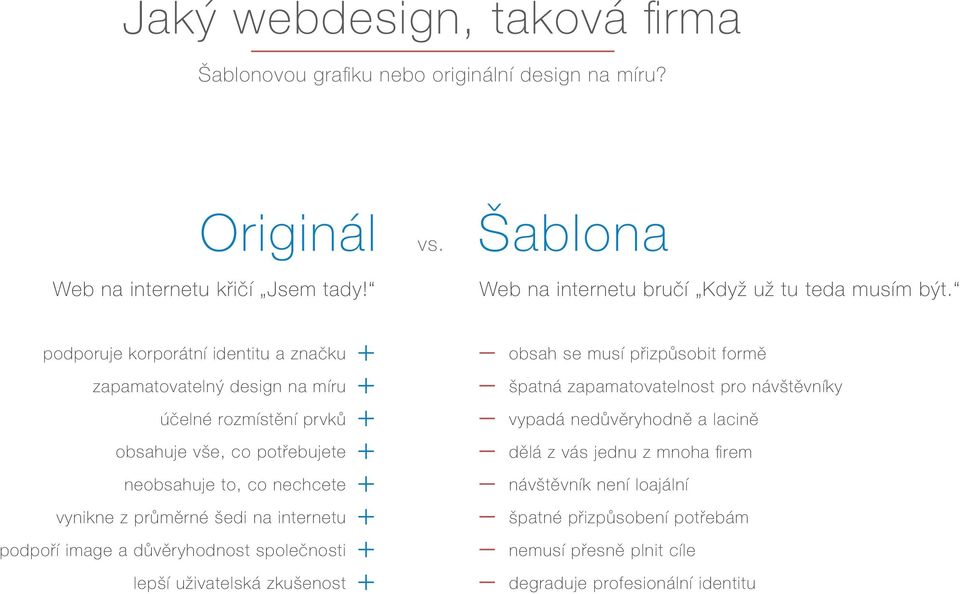 podporuje korporátní identitu a značku zapamatovatelný design na míru účelné rozmístění prvků obsahuje vše, co potřebujete neobsahuje to, co nechcete vynikne z průměrné