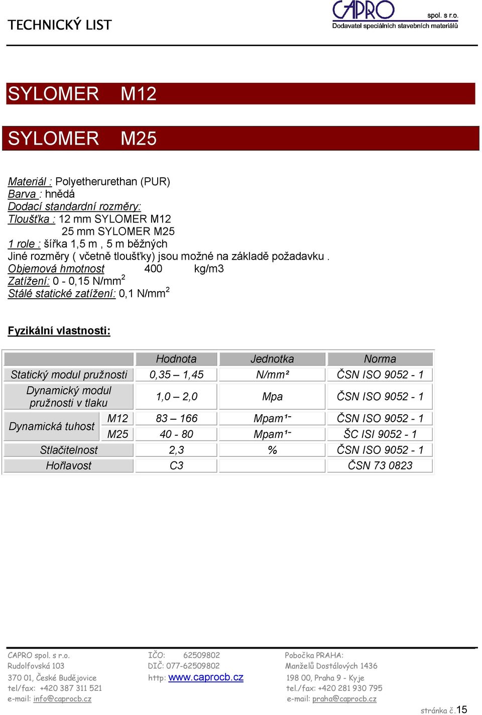 Objemová hmotnost 400 kg/m3 Zatížení: 0-0,15 N/mm 2 Stálé statické zatížení: 0,1 N/mm 2 Fyzikální vlastnosti: Hodnota Jednotka Norma Statický modul pružnosti