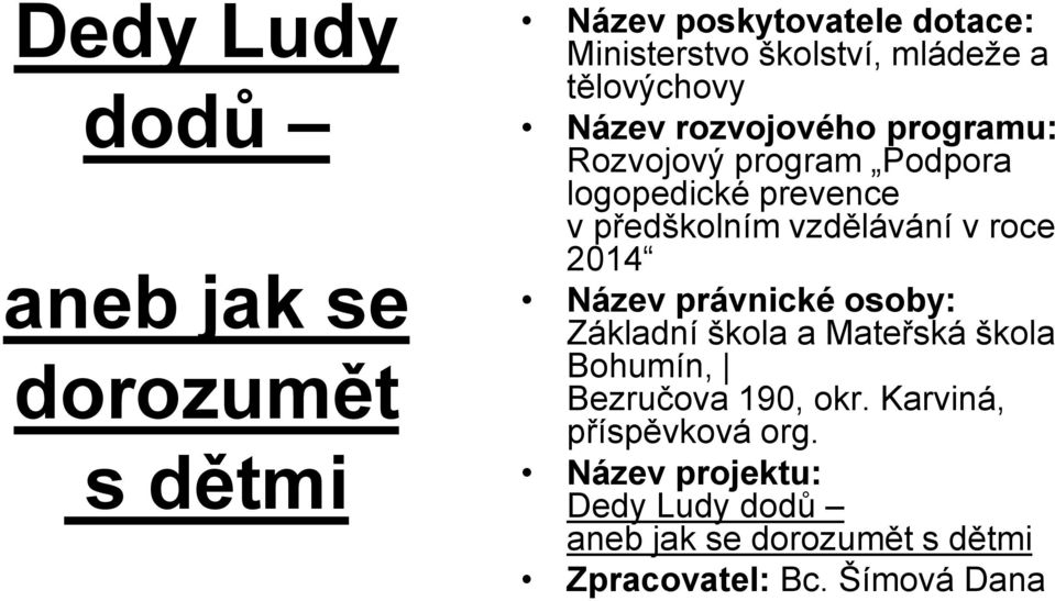 vzdělávání v roce 2014 Název právnické osoby: Základní škola a Mateřská škola Bohumín, Bezručova 190, okr.