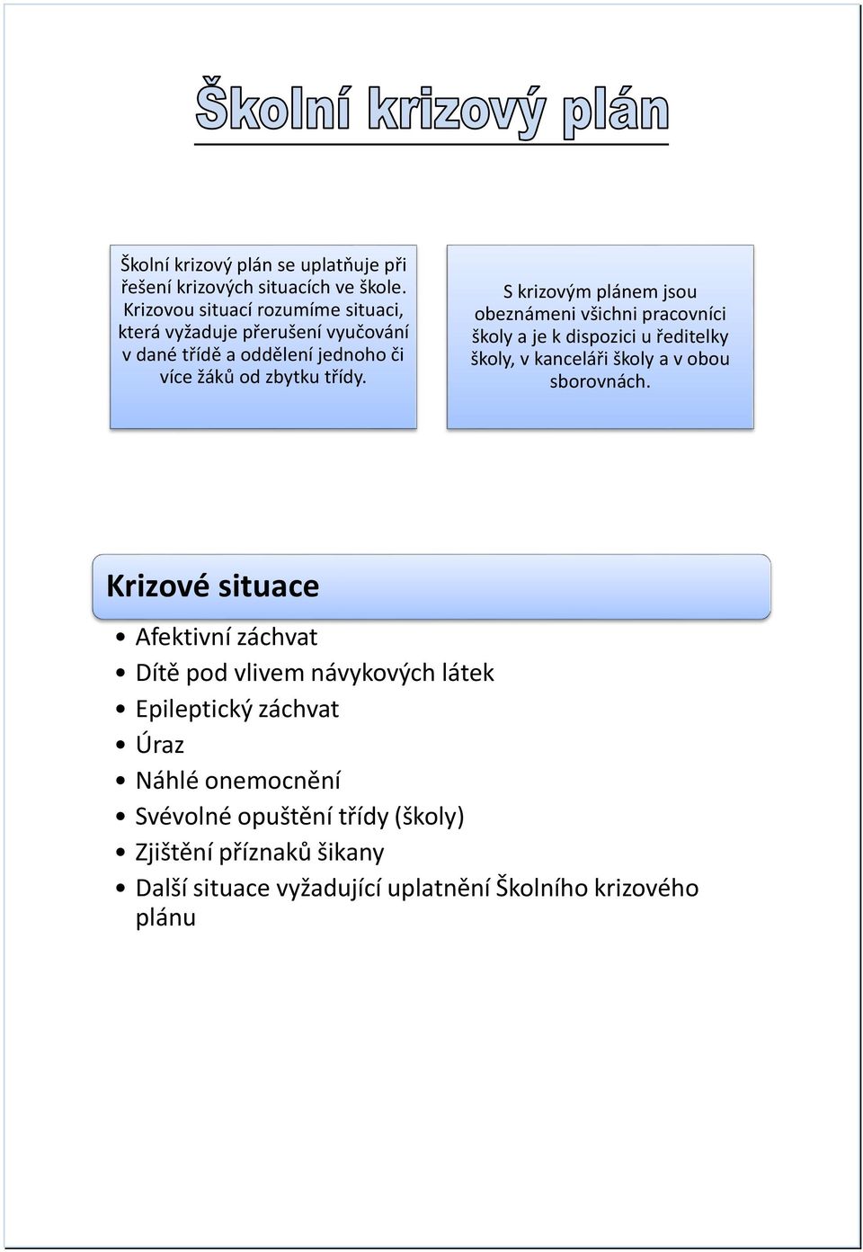 S krizovým plánem jsou obeznámeni všichni pracovníci školy a je k dispozici u ředitelky školy, v kanceláři školy a v obou sborovnách.