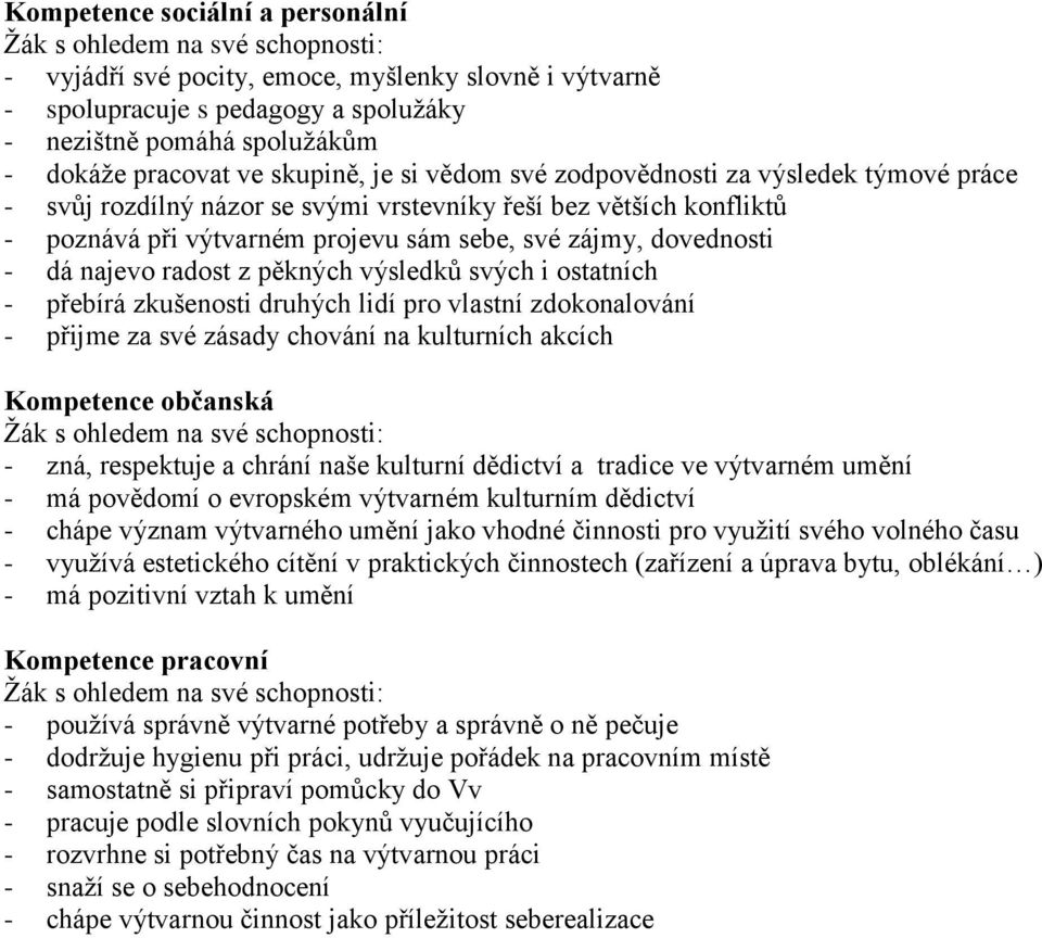 pěkných výsledků svých i ostatních - přebírá zkušenosti druhých lidí pro vlastní zdokonalování - přijme za své zásady chování na kulturních akcích Kompetence občanská - zná, respektuje a chrání naše