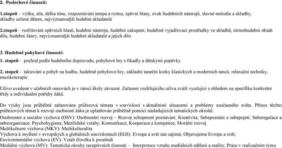 stupeň rozlišování zpěvních hlasů, hudební nástroje, hudební uskupení, hudebně vyjadřovací prostředky ve skladbě, mimohudební obsah díla, hudební žánry, nejvýznamnější hudební skladatelé a jejich