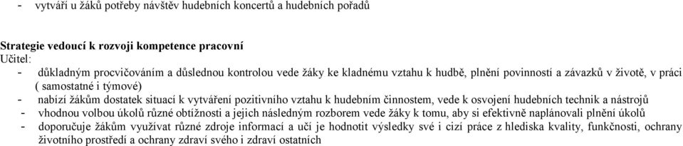 činnostem, vede k osvojení hudebních technik a nástrojů - vhodnou volbou úkolů různé obtížnosti a jejich následným rozborem vede žáky k tomu, aby si efektivně naplánovali plnění úkolů