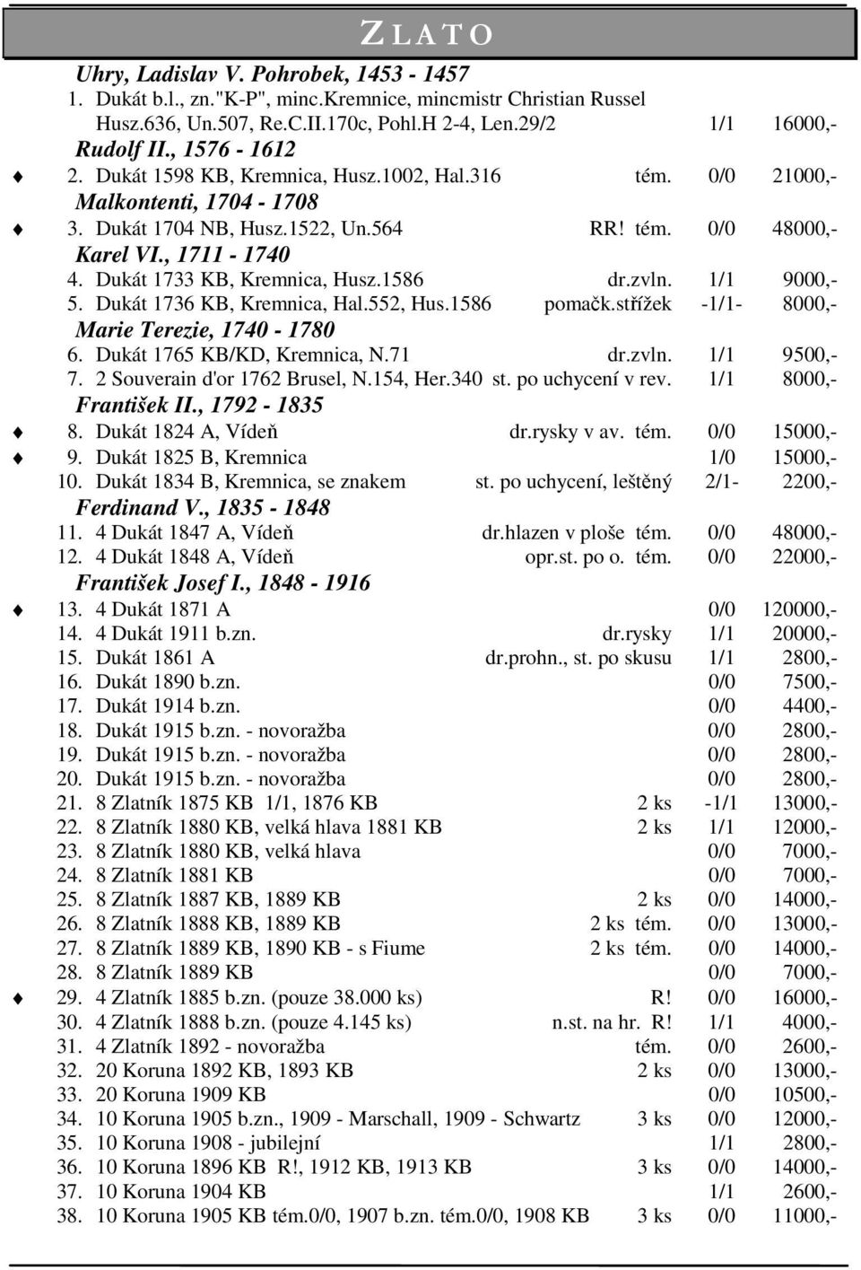 Dukát 1733 KB, Kremnica, Husz.1586 dr.zvln. 1/1 9000,- 5. Dukát 1736 KB, Kremnica, Hal.552, Hus.1586 pomačk.střížek -1/1-8000,- Marie Terezie, 1740-1780 6. Dukát 1765 KB/KD, Kremnica, N.71 dr.zvln. 1/1 9500,- 7.
