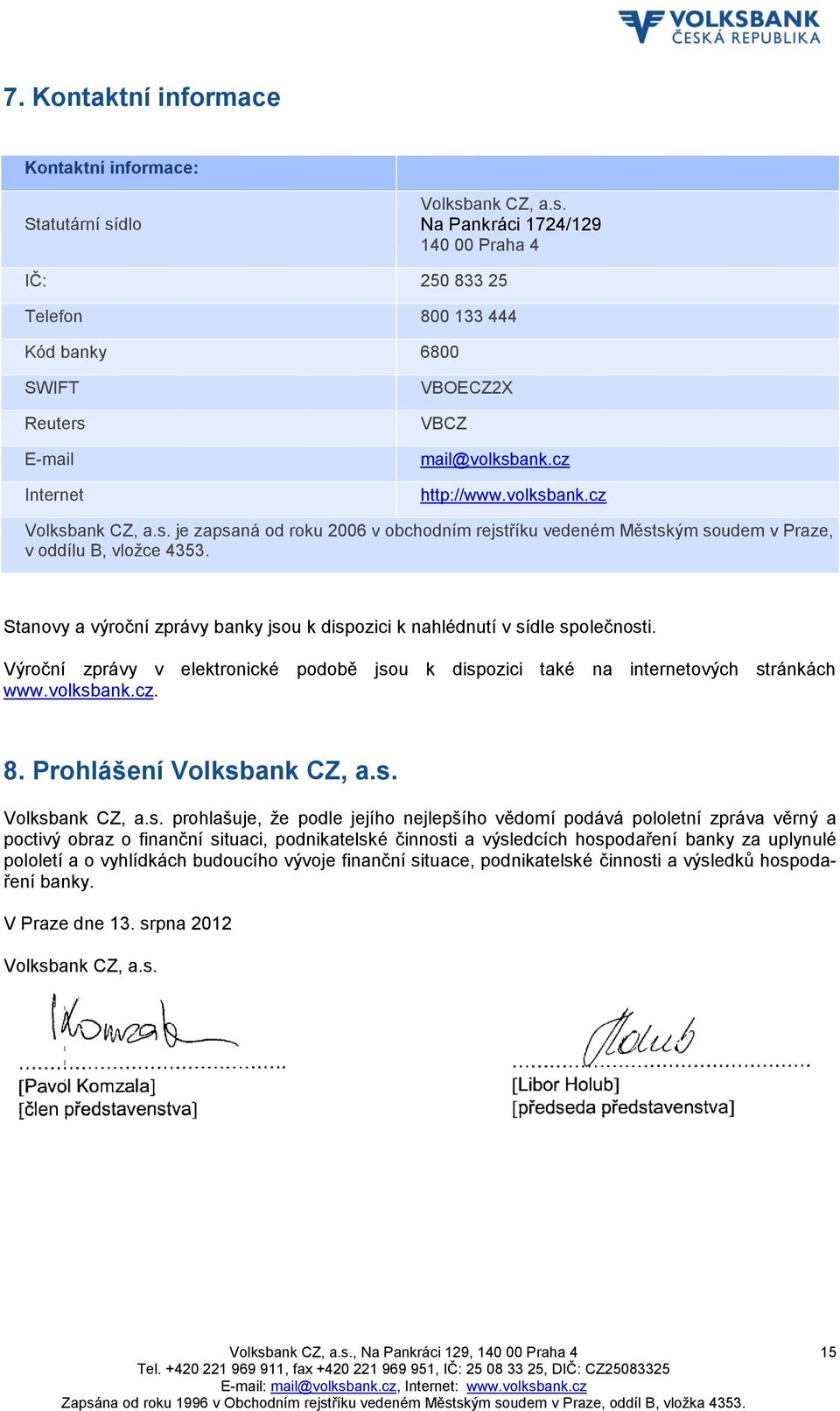 s. je zapsaná od roku 2006 v obchodním rejstříku vedeném Městským soudem v Praze, v oddílu B, vložce 4353. Stanovy a výroční zprávy banky jsou k dispozici k nahlédnutí v sídle společnosti.