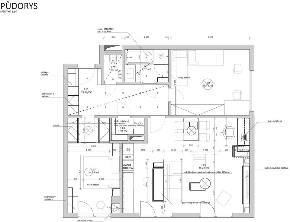 07 14,05 m2 870 2 000 noční stolek 470 150 tech. místnost -pračka+sušika MYČKA TROUBA Pračka -sklad ( vysavač), spíž ( vody, konzervy) 1.04 1,94 m2 150 LED.