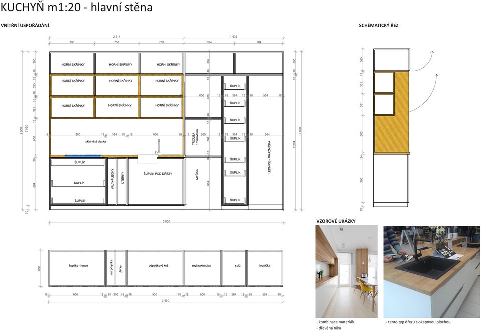 18 864 LEDNICE+ MRAZNIČKA 2 204 18 18 360 70 796 34 361 361 18 360 sklo deska 18 3 850 VZOROVÉ UKÁZKY šuplíky - hrnce val/ prkýnka utěrky odpadkový koš