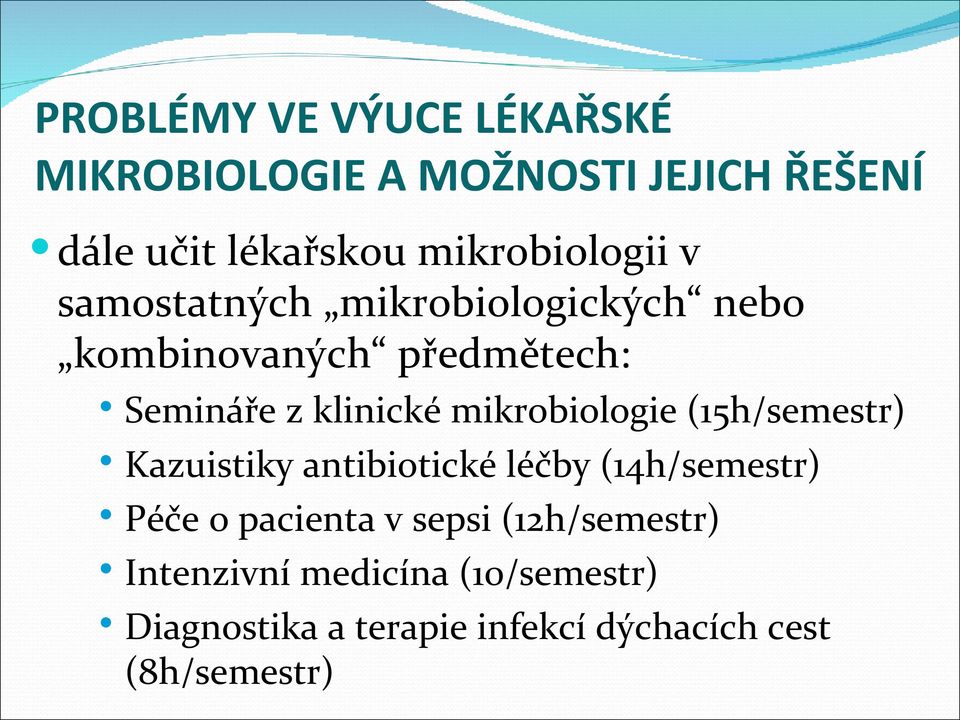 klinické mikrobiologie (5h/semestr) Kazuistiky antibiotické léčby (4h/semestr) Péče o pacienta
