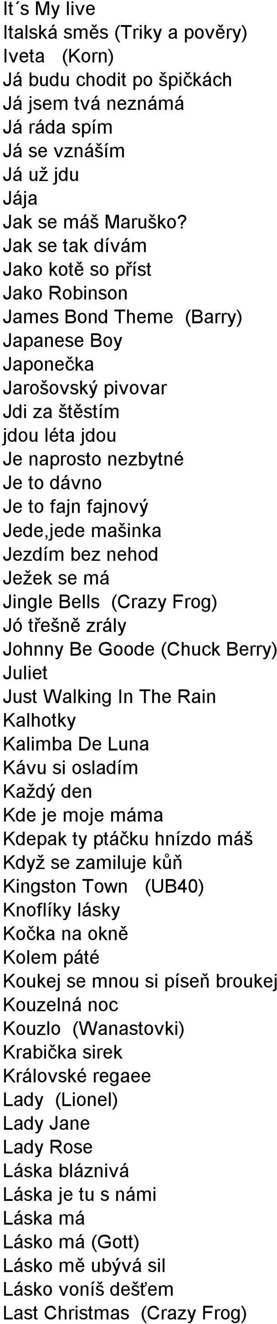 Jede,jede mašinka Jezdím bez nehod Ježek se má Jingle Bells (Crazy Frog) Jó třešně zrály Johnny Be Goode (Chuck Berry) Juliet Just Walking In The Rain Kalhotky Kalimba De Luna Kávu si osladím Každý