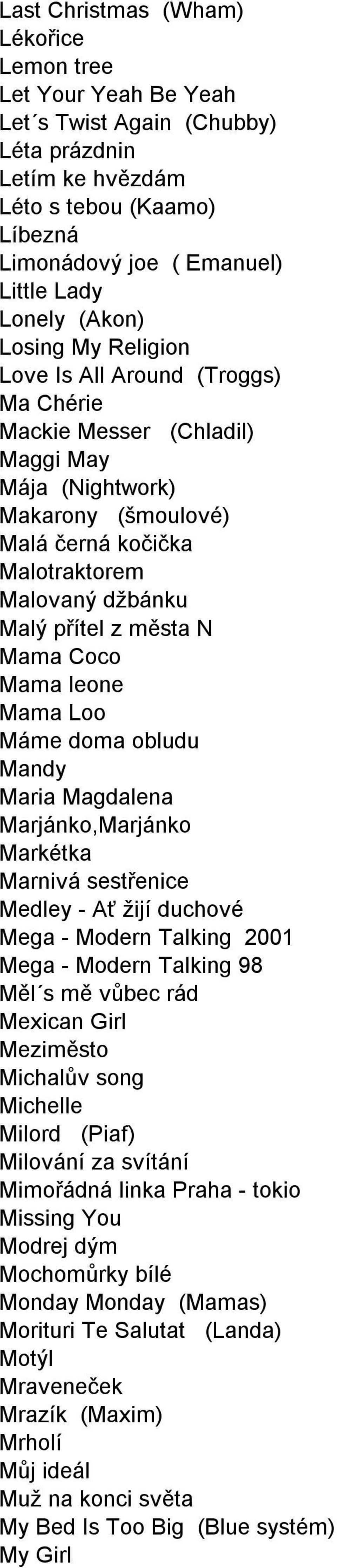 města N Mama Coco Mama leone Mama Loo Máme doma obludu Mandy Maria Magdalena Marjánko,Marjánko Markétka Marnivá sestřenice Medley - Ať žijí duchové Mega - Modern Talking 2001 Mega - Modern Talking 98