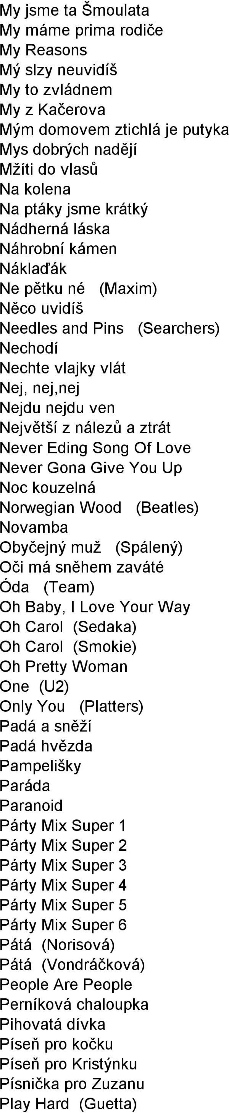 Of Love Never Gona Give You Up Noc kouzelná Norwegian Wood (Beatles) Novamba Obyčejný muž (Spálený) Oči má sněhem zaváté Óda (Team) Oh Baby, I Love Your Way Oh Carol (Sedaka) Oh Carol (Smokie) Oh