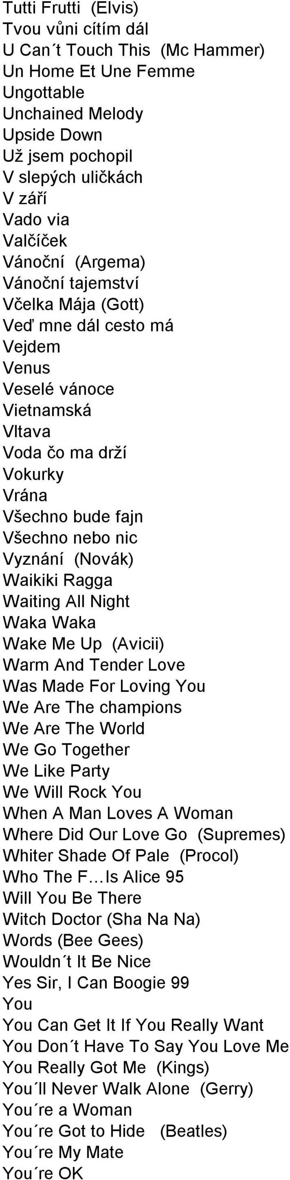 (Novák) Waikiki Ragga Waiting All Night Waka Waka Wake Me Up (Avicii) Warm And Tender Love Was Made For Loving You We Are The champions We Are The World We Go Together We Like Party We Will Rock You