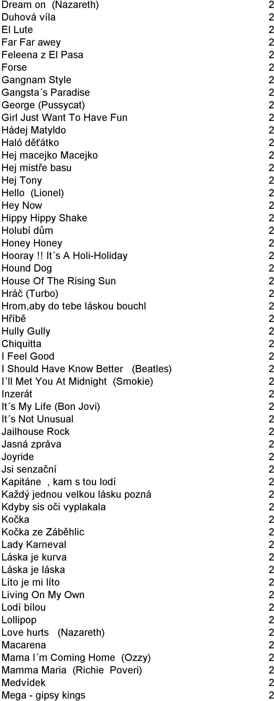 ! It s A Holi-Holiday 2 Hound Dog 2 House Of The Rising Sun 2 Hráč (Turbo) 2 Hrom,aby do tebe láskou bouchl 2 Hříbě 2 Hully Gully 2 Chiquitta 2 I Feel Good 2 I Should Have Know Better (Beatles) 2 I