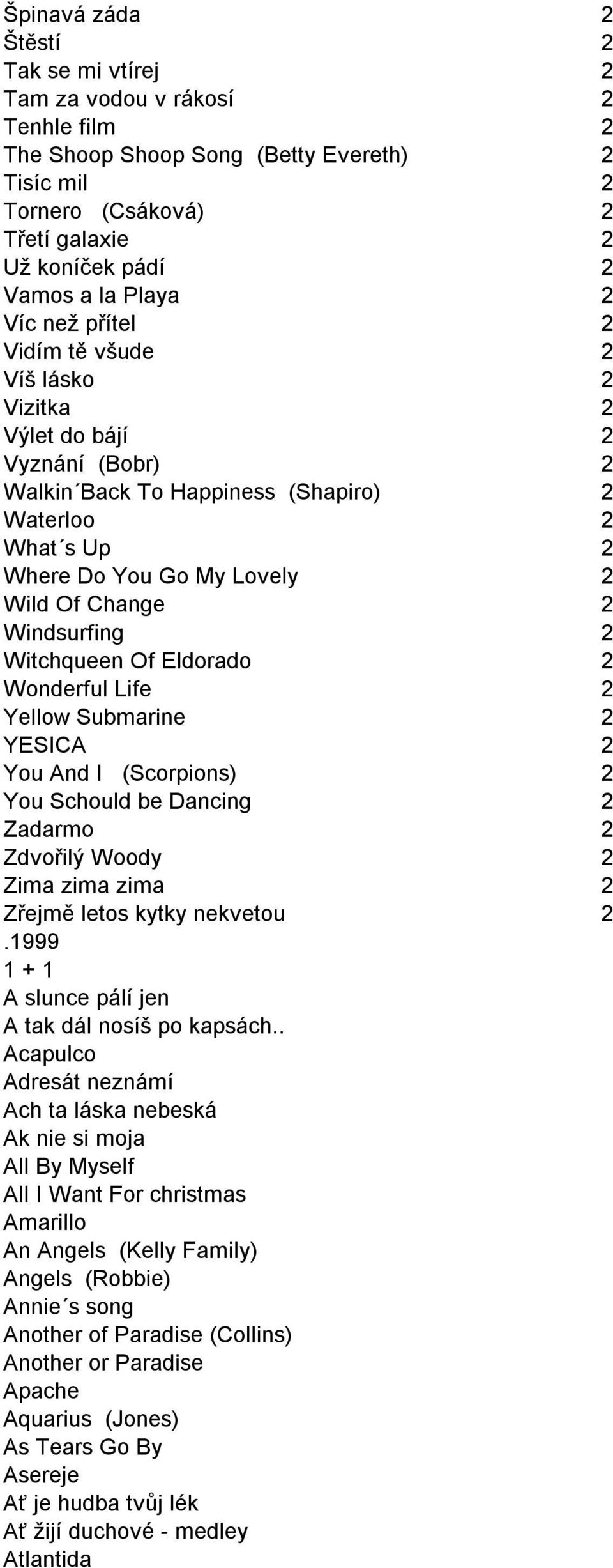2 Windsurfing 2 Witchqueen Of Eldorado 2 Wonderful Life 2 Yellow Submarine 2 YESICA 2 You And I (Scorpions) 2 You Schould be Dancing 2 Zadarmo 2 Zdvořilý Woody 2 Zima zima zima 2 Zřejmě letos kytky