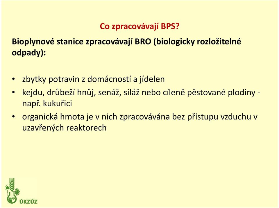 zbytky potravin z domácností a jídelen kejdu, drůbeží hnůj, senáž, siláž