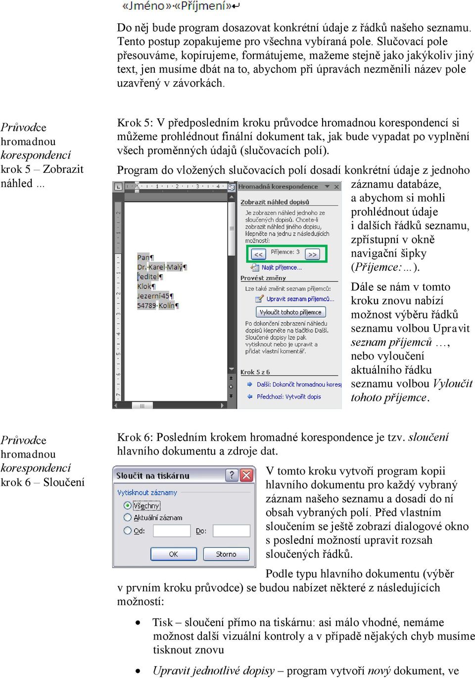 Průvodce krok 5 Zobrazit náhled Krok 5: V předposledním kroku průvodce si můžeme prohlédnout finální dokument tak, jak bude vypadat po vyplnění všech proměnných údajů (slučovacích polí).