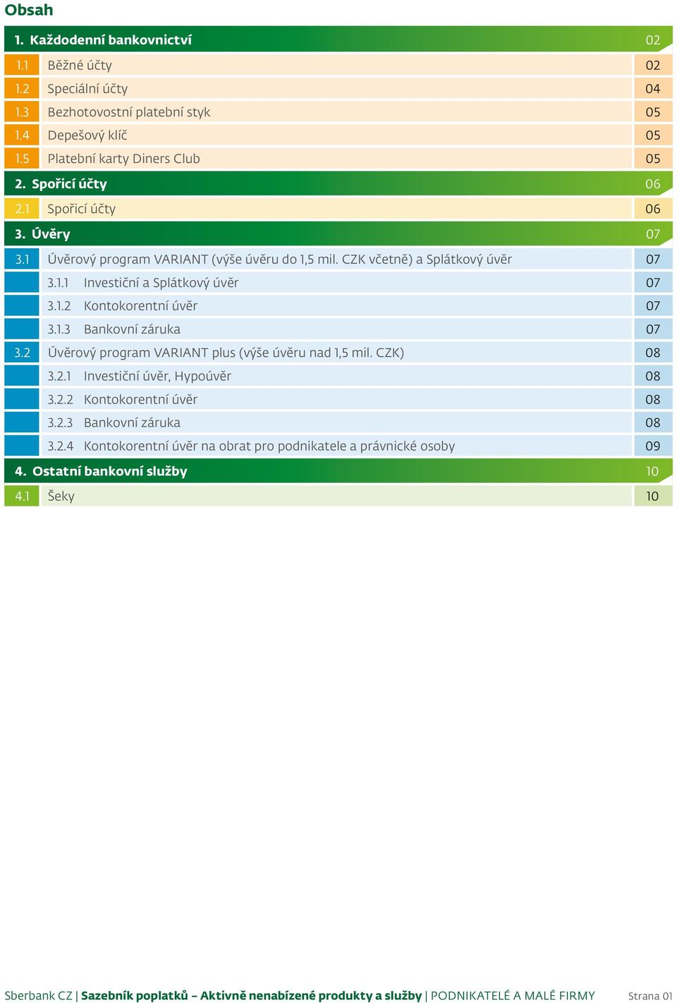 CZK včetně) a Splátkový úvěr 07 3.1.1 Investiční a Splátkový úvěr 07 3.1.2 Kontokorentní úvěr 07 3.1.3 Bankovní záruka 07 3.