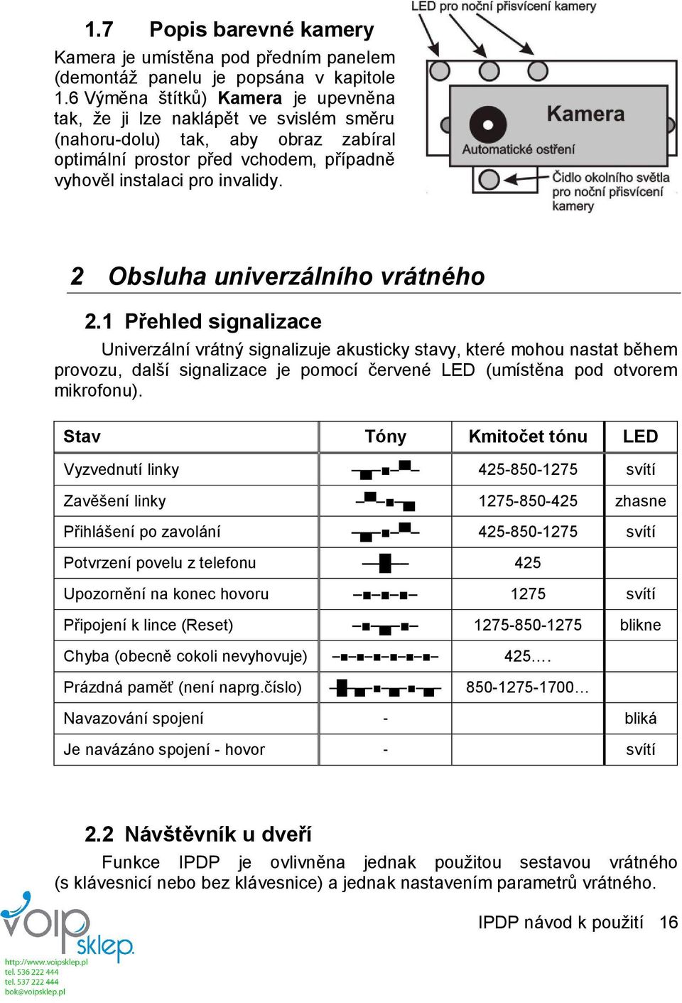 Univerzální vrátný signalizuje akusticky stavy, které mohou nastat během provozu, další signalizace je pomocí červené LED (umístěna pod otvorem mikrofonu).