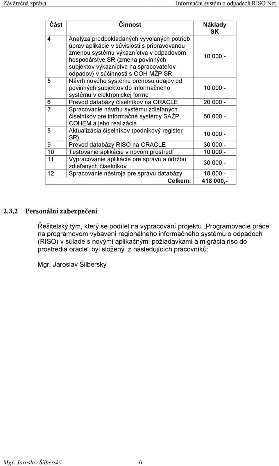 databázy číselníkov na ORACLE 20 000,- 7 Spracovanie návrhu systému zdieľaných číselníkov pre informačné systémy SAŽP, 50 000,- COHEM a jeho realizácia 8 Aktualizácia číselníkov (podnikový register