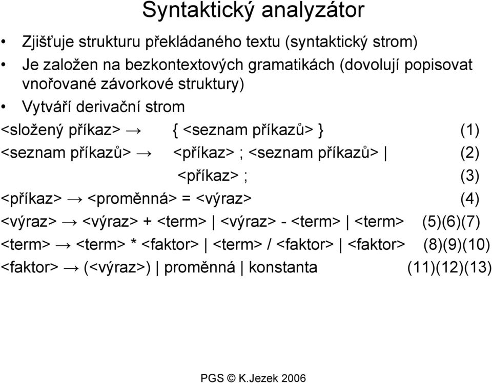příkazů> <příkaz> ; <seznam příkazů> (2) <příkaz> ; (3) <příkaz> <proměnná> = <výraz> (4) <výraz> <výraz> + <term> <výraz> -