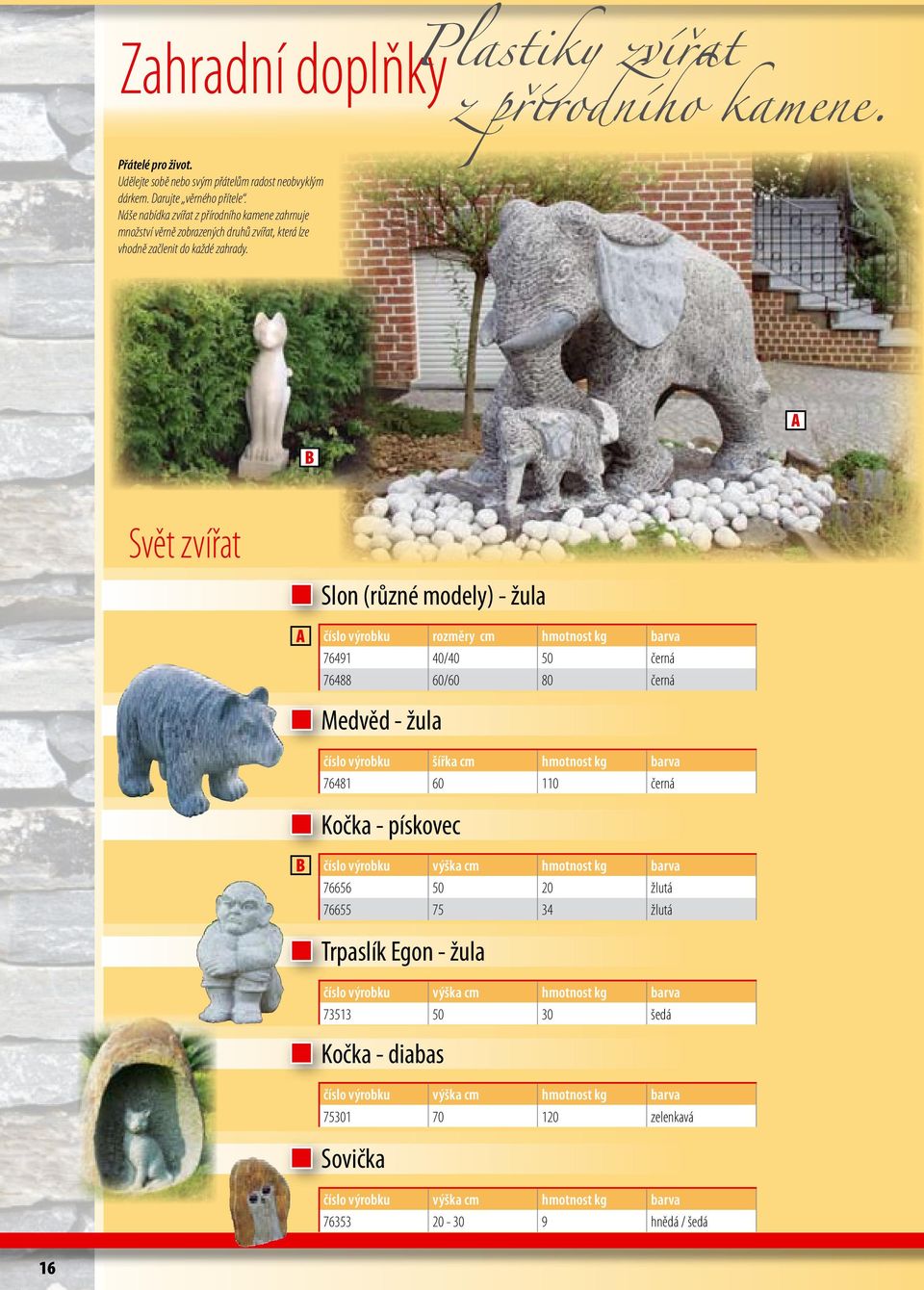Svět zvířat Slon (různé modely) - žula 76491 40/40 50 černá 76488 60/60 80 černá Medvěd - žula číslo výrobku šířka cm hmotnost kg barva 76481 60 110 černá Kočka - pískovec číslo výrobku výška