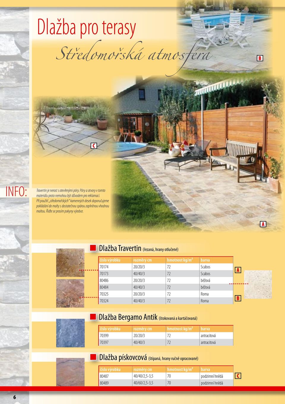 lažba Travertin (řezaná, hrany otlučené) číslo výrobku rozměry cm hmotnost kg/m² barva 70174 20/20/3 72 Scabos 70173 40/40/3 72 Scabos 80486 20/20/3 72 béžová 80484 40/40/3 72 béžová 70325 20/20/3 72