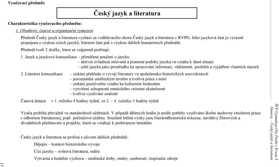 Jeho jazyková část je výrazně propojena s výukou cizích jazyků, literární část pak s výukou dalších humanitních předmětů. Předmět tvoří 2 složky, které se vzájemně prolínají: 1.