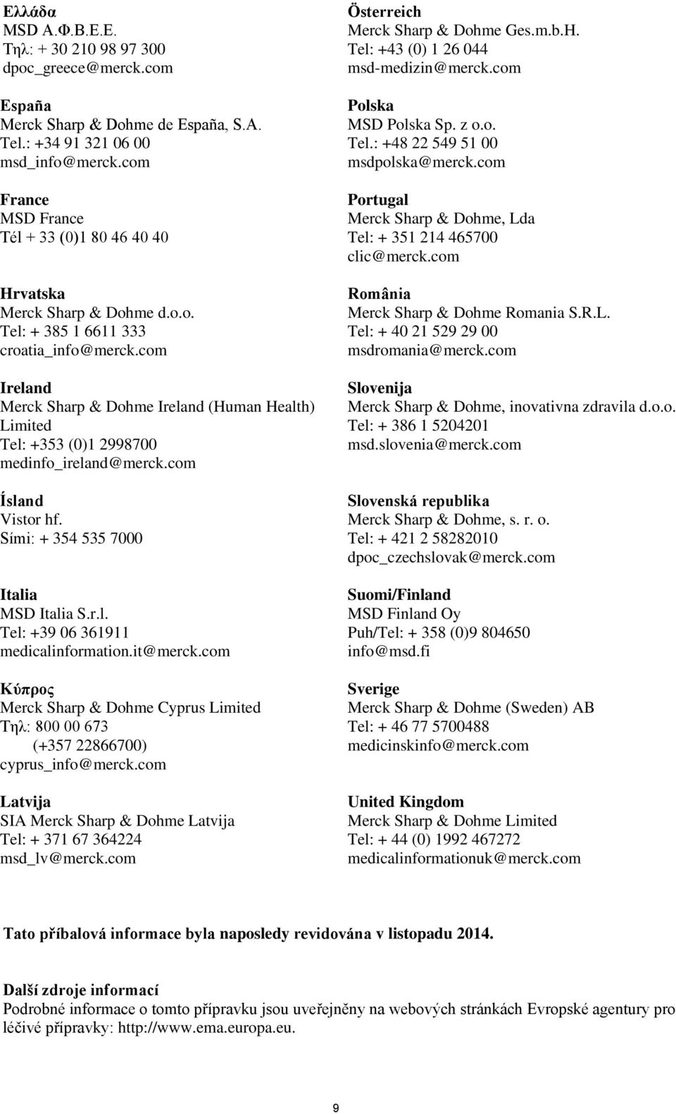 com Ireland Merck Sharp & Dohme Ireland (Human Health) Limited Tel: +353 (0)1 2998700 medinfo_ireland@merck.com Ísland Vistor hf. Sími: + 354 535 7000 Italia MSD Italia S.r.l. Tel: +39 06 361911 medicalinformation.