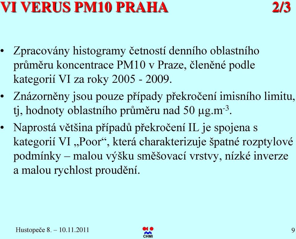 Znázorněny jsou pouze případy překročení imisního limitu, tj, hodnoty oblastního průměru nad 50 µg.m -3.