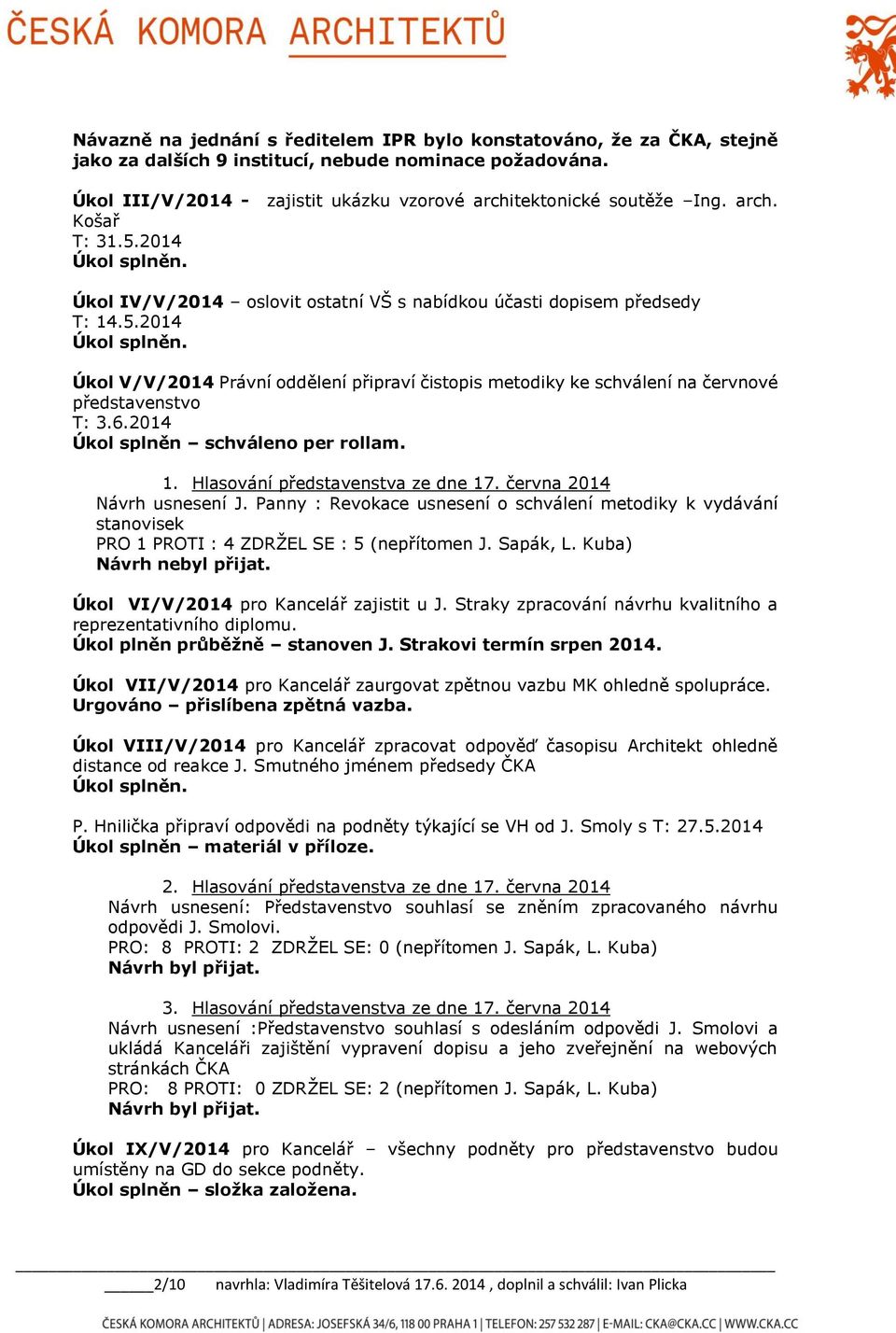 6.2014 Úkol splněn schváleno per rollam. 1. Hlasování představenstva ze dne 17. června 2014 Návrh usnesení J.