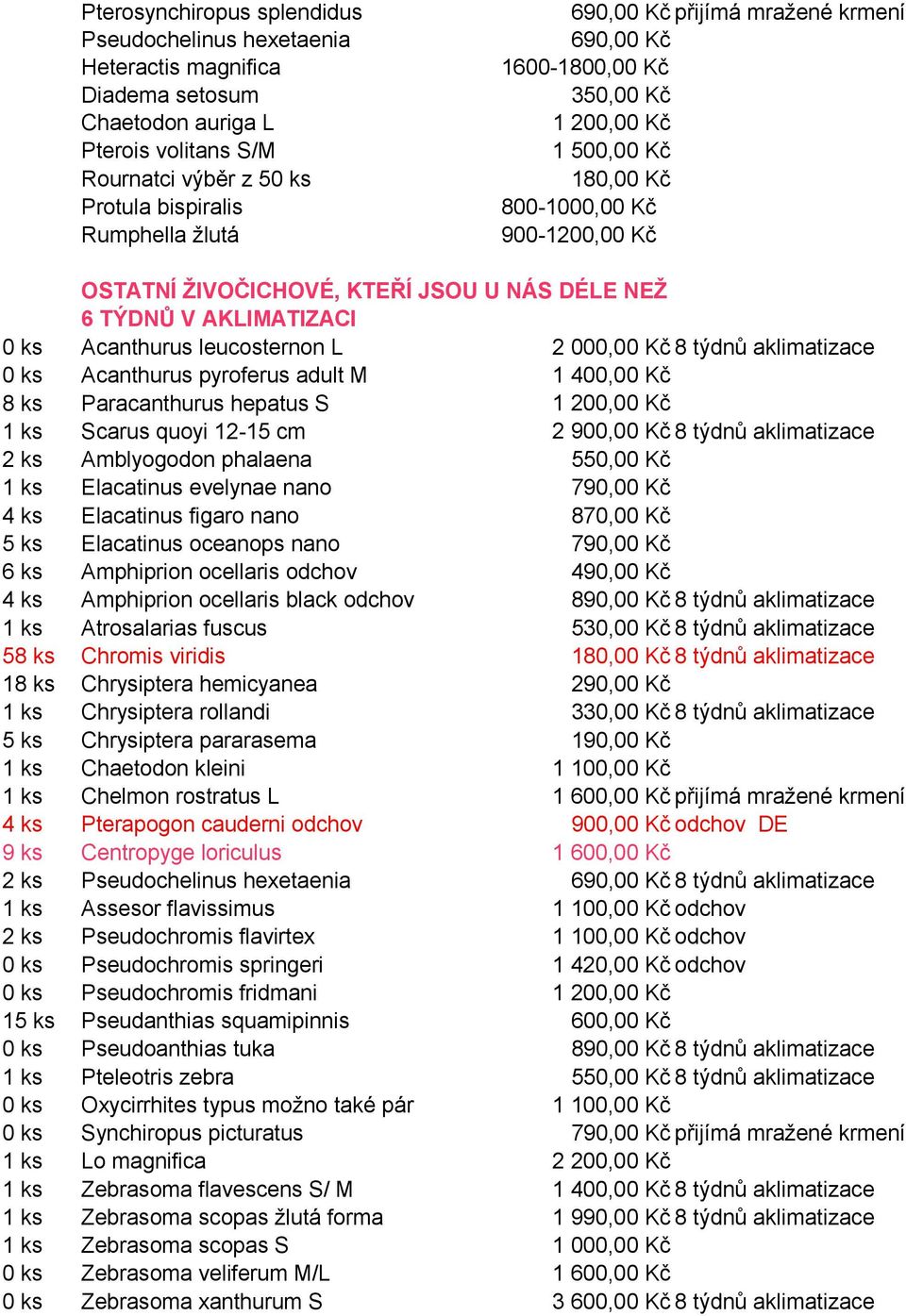 leucosternon L 2 000,00 Kč 8 týdnů aklimatizace 0 ks Acanthurus pyroferus adult M 8 ks Paracanthurus hepatus S 1 ks Scarus quoyi 12-15 cm 2 900,00 Kč 8 týdnů aklimatizace Amblyogodon phalaena 550,00