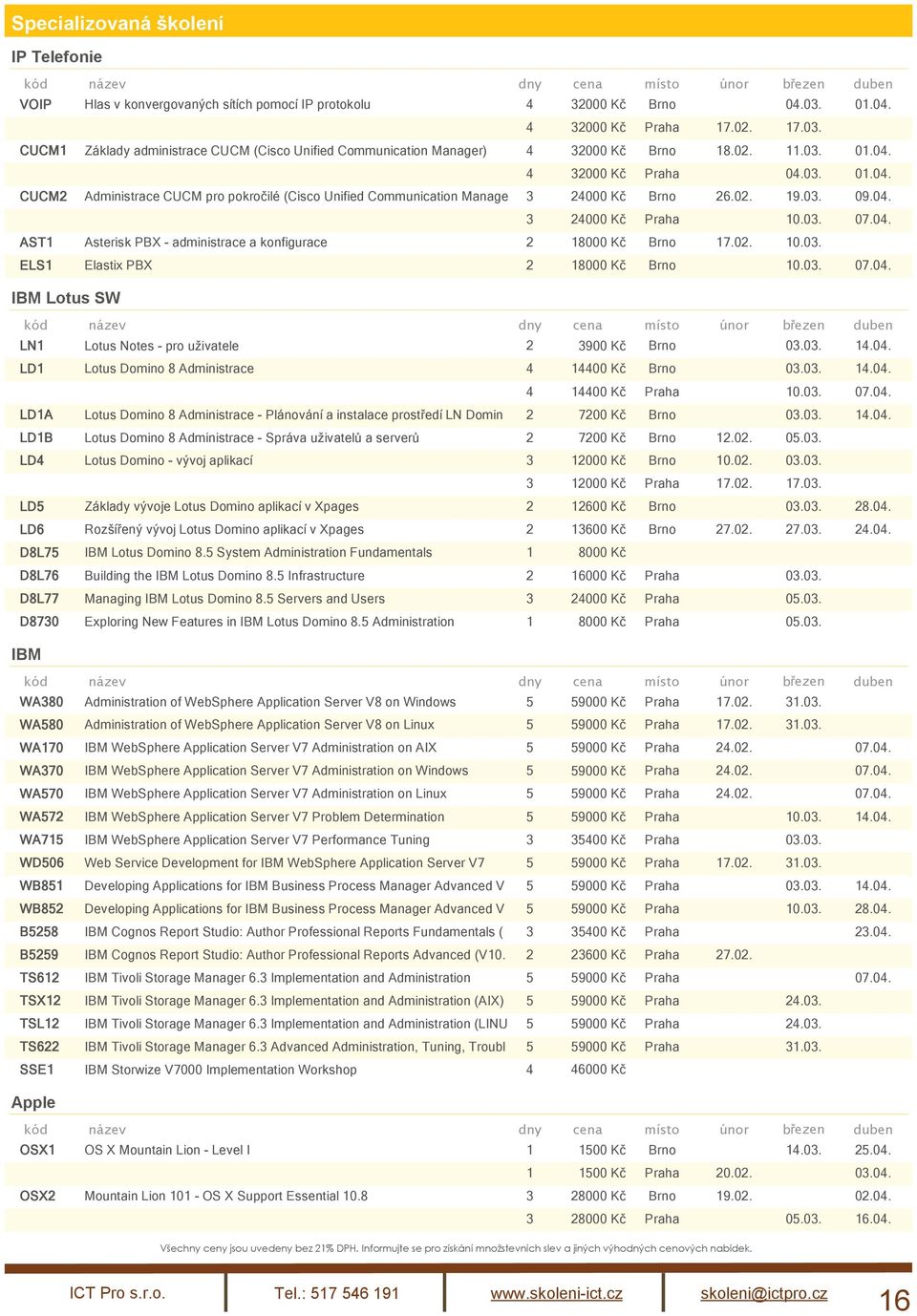 02. 19.03. 09.04. 3 24000 Kč Praha 10.03. 07.04. AST1 Asterisk PBX - administrace a konfigurace 2 18000 Kč Brno 17.02. 10.03. ELS1 Elastix PBX 2 18000 Kč Brno 10.03. 07.04. IBM Lotus SW LN1 Lotus Notes - pro uživatele 2 3900 Kč Brno 03.