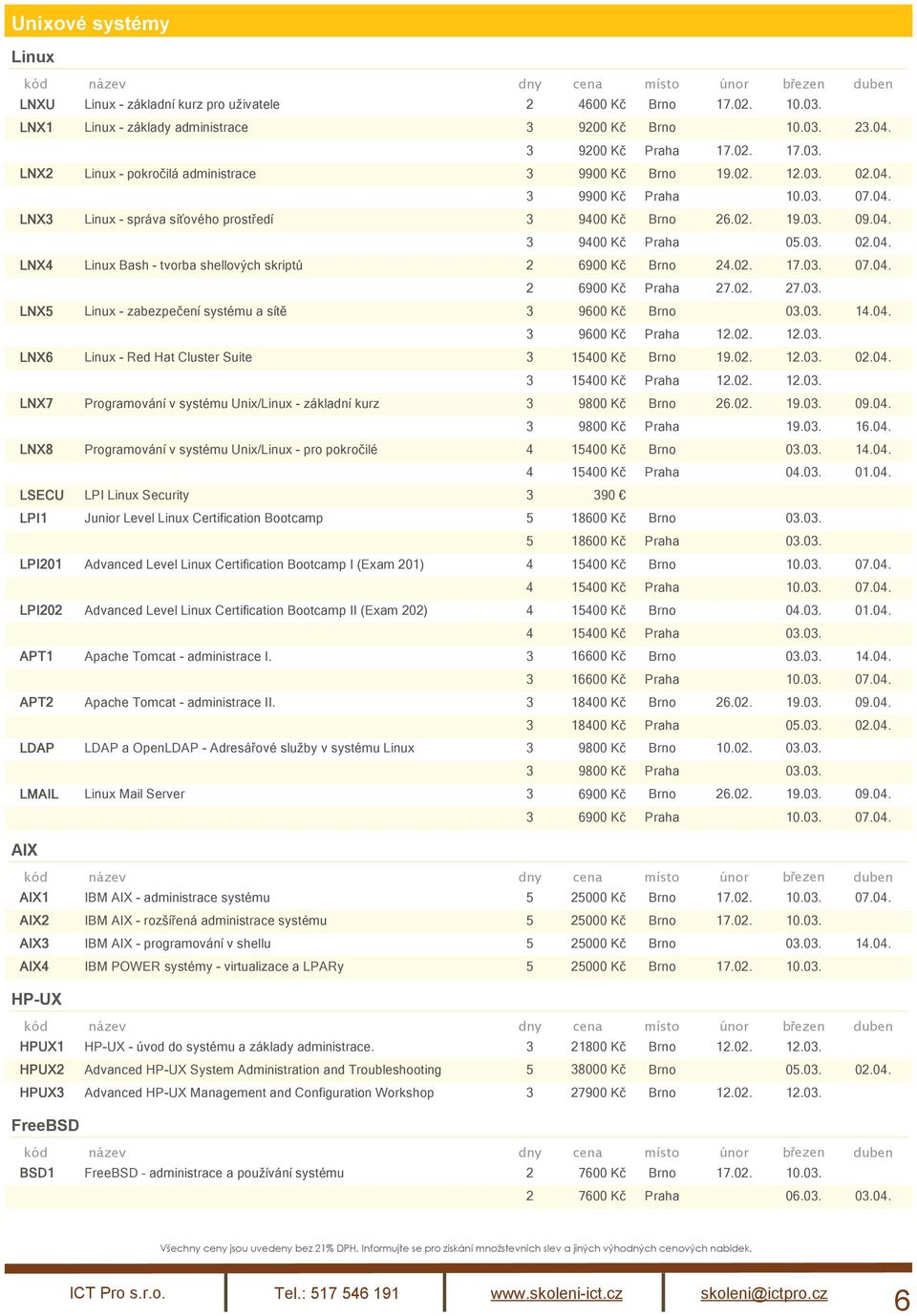 02. 17.03. 07.04. 2 6900 Kč Praha 27.02. 27.03. LNX5 Linux - zabezpečení systému a sítě 3 9600 Kč Brno 03.03. 14.04. 3 9600 Kč Praha 12.02. 12.03. LNX6 Linux - Red Hat Cluster Suite 3 15400 Kč Brno 19.