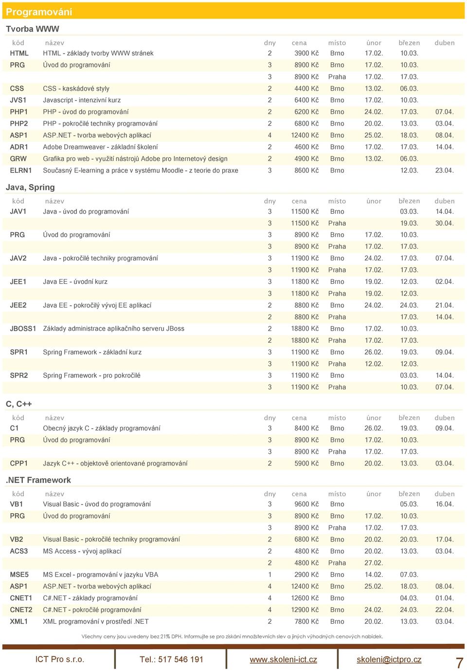 PHP2 PHP - pokročilé techniky programování 2 6800 Kč Brno 20.02. 13.03. 03.04. ASP1 ASP.NET - tvorba webových aplikací 4 12400 Kč Brno 25.02. 18.03. 08.04. ADR1 Adobe Dreamweaver - základní školení 2 4600 Kč Brno 17.