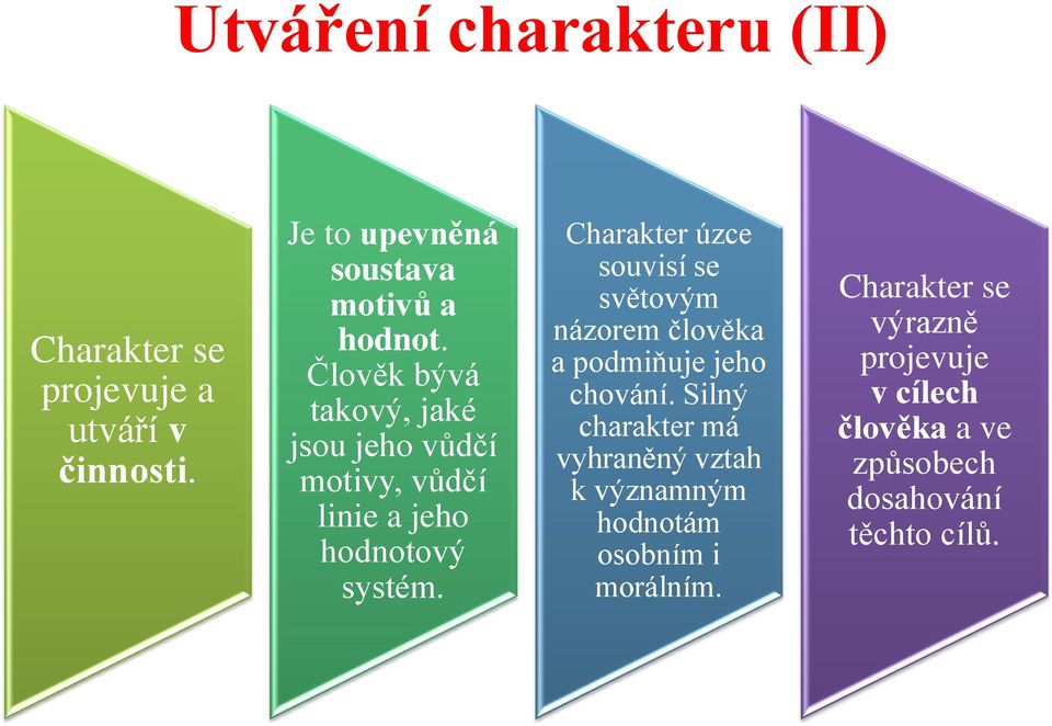 Charakter úzce souvisí se světovým názorem člověka a podmiňuje jeho chování.