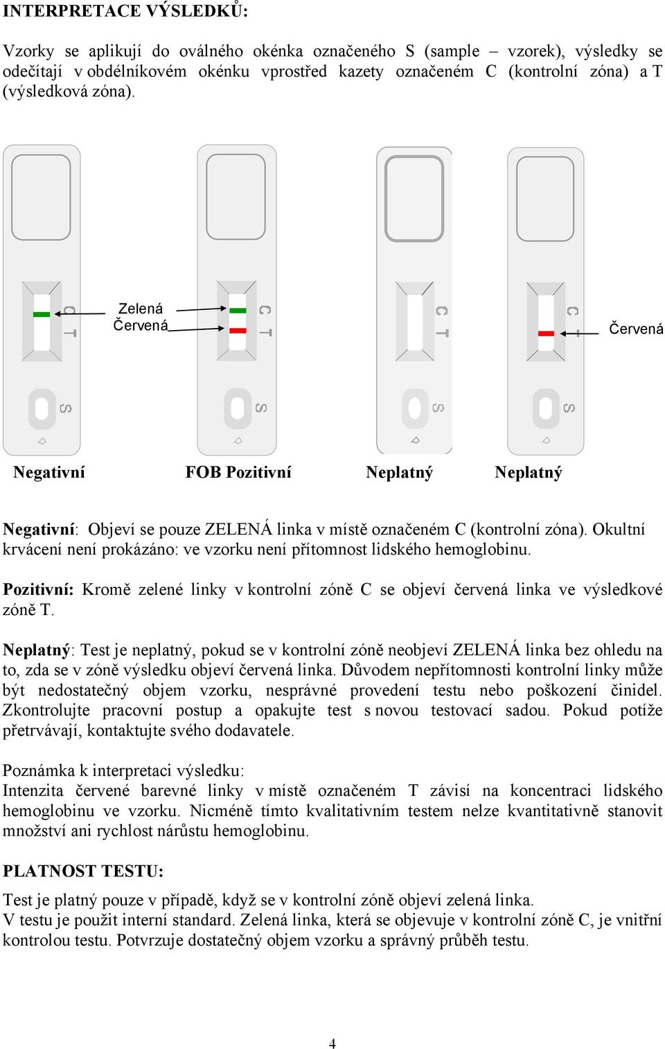 Okultní krvácení není prokázáno: ve vzorku není přítomnost lidského hemoglobinu. Pozitivní: Kromě zelené linky v kontrolní zóně C se objeví červená linka ve výsledkové zóně T.