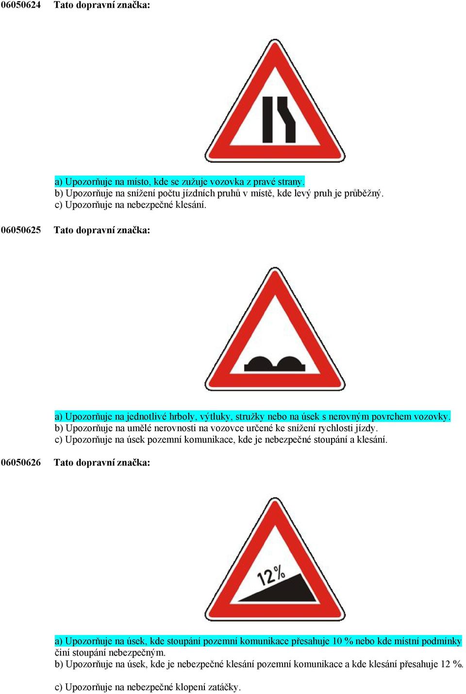 b) Upozorňuje na umělé nerovnosti na vozovce určené ke snížení rychlosti jízdy. c) Upozorňuje na úsek pozemní komunikace, kde je nebezpečné stoupání a klesání.