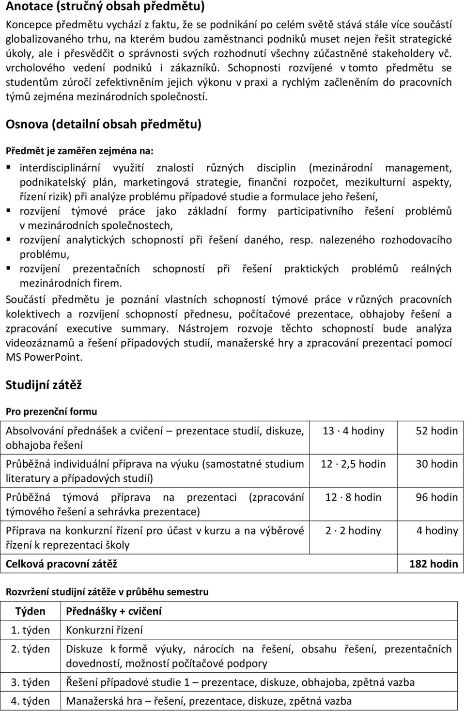 Schopnosti rozvíjené v tomto předmětu se studentům zúročí zefektivněním jejich výkonu v praxi a rychlým začleněním do pracovních týmů zejména mezinárodních společností.
