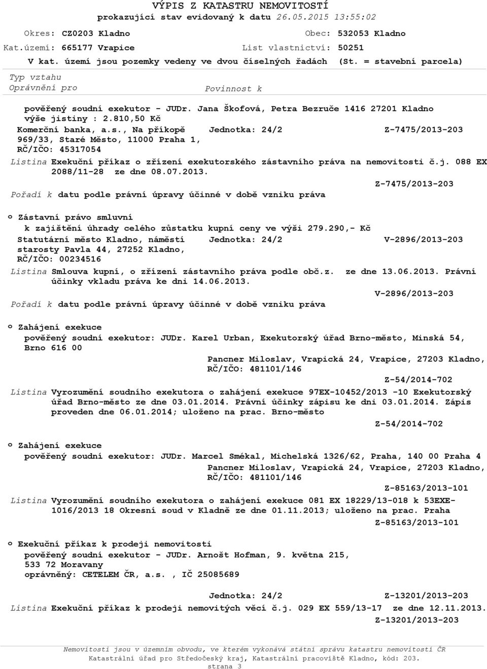 06.2013. V-2896/2013-203 Zahájení exekuce pvěřený sudní exekutr: JUDr.