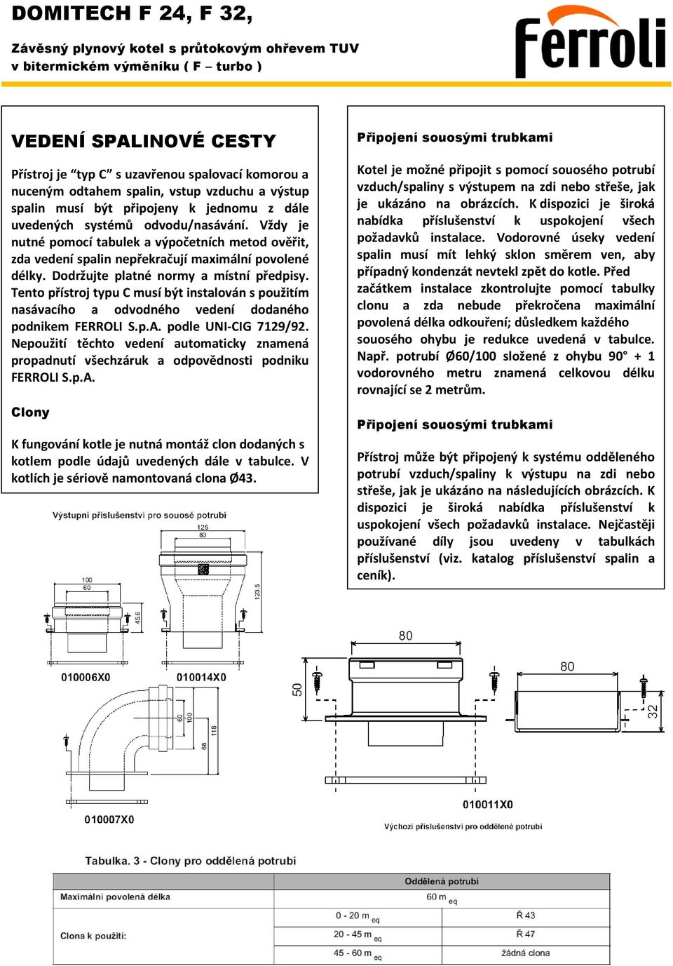 Tento přístroj typu C musí být instalován s použitím nasávacího a odvodného vedení dodaného podnikem FERROLI S.p.A. podle UNI-CIG 7129/92.