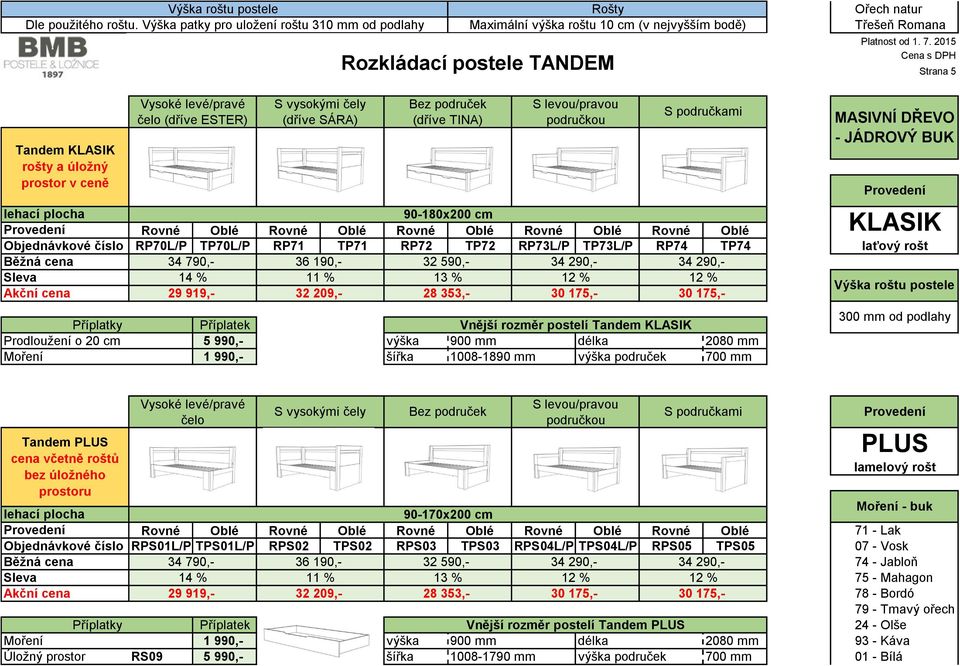 prostor v ceně Vysoké levé/pravé čelo (dříve ESTER) S vysokými čely (dříve SÁRA) Bez područek (dříve TINA) S levou/pravou područkou S područkami lehací plocha 90-180x200 cm Objednávkové číslo RP70L/P