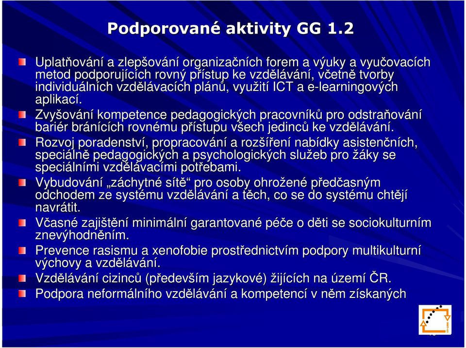 plánů,, využit ití ICT a e-learningovýche aplikací. Zvyšov ování kompetence pedagogických pracovníků pro odstraňov ování bariér r bránících ch rovnému přístupu p všech v jedinců ke vzdělávání.