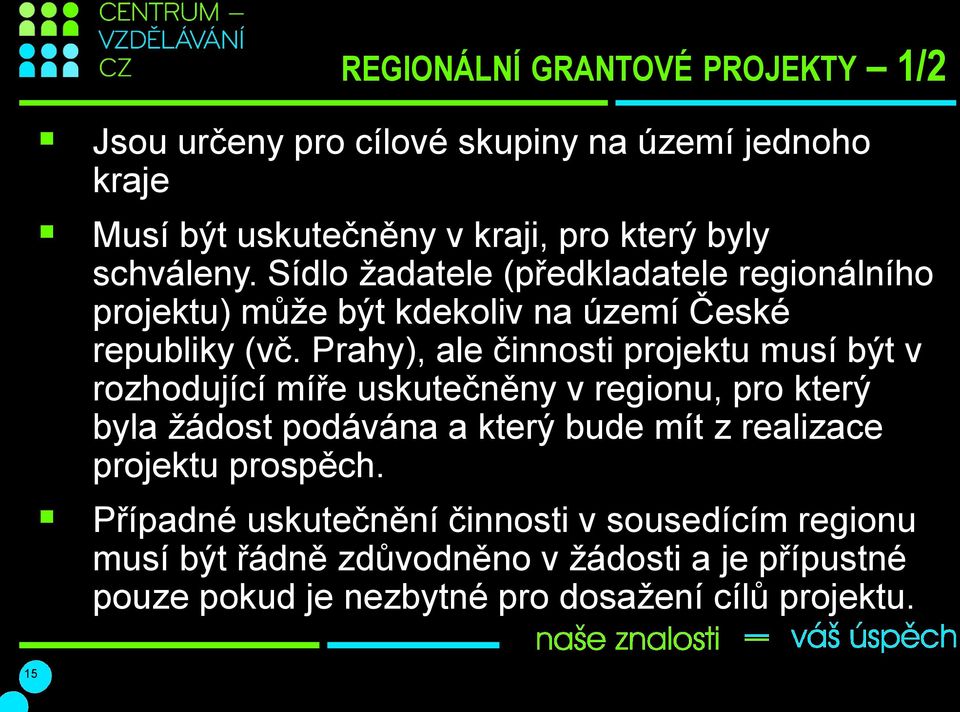 Prahy), ale činnosti projektu musí být v rozhodující míře uskutečněny v regionu, pro který byla žádost podávána a který bude mít z