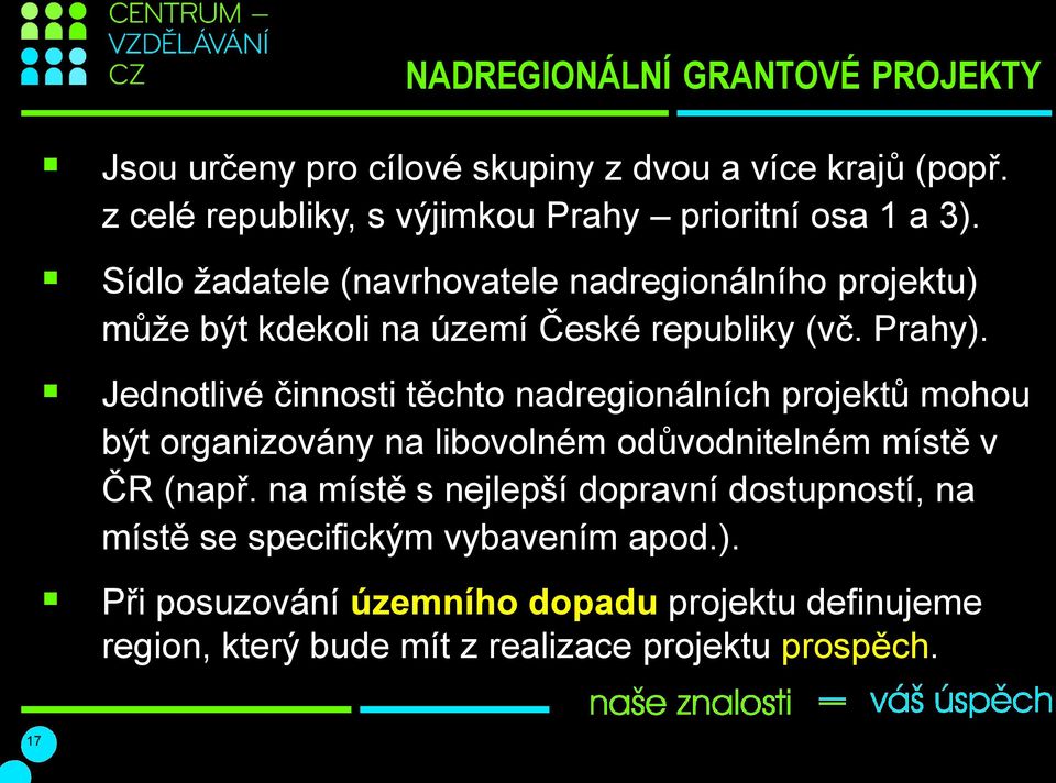 Sídlo žadatele (navrhovatele nadregionálního projektu) může být kdekoli na území České republiky (vč. Prahy).