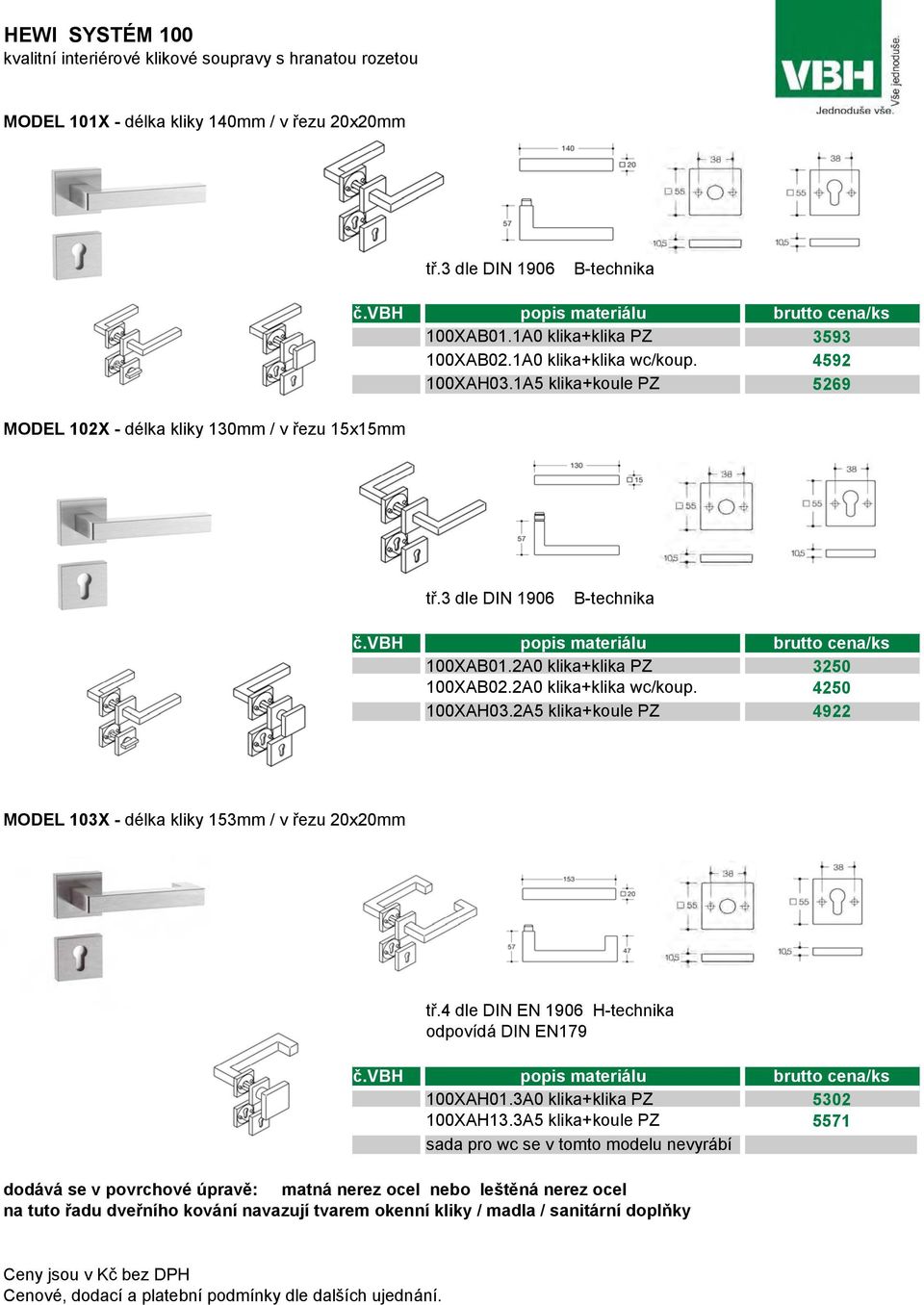 vbh popis materiálu brutto cena/ks 100XAB01.2A0 klika+klika PZ 3250 100XAB02.2A0 klika+klika wc/koup. 4250 100XAH03.2A5 klika+koule PZ 4922 MODEL 103X - délka kliky 153mm / v řezu 20x20mm tř.