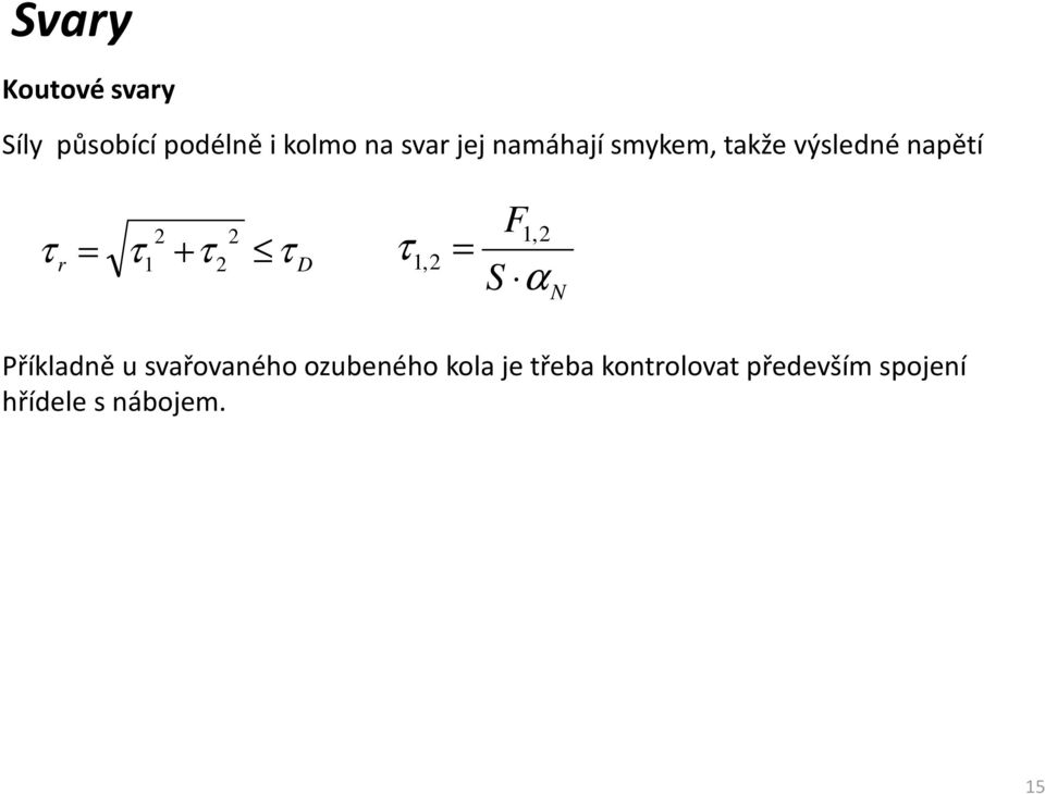 τ 1, 1, S α N Příkladně u svařovaného ozubeného kola je