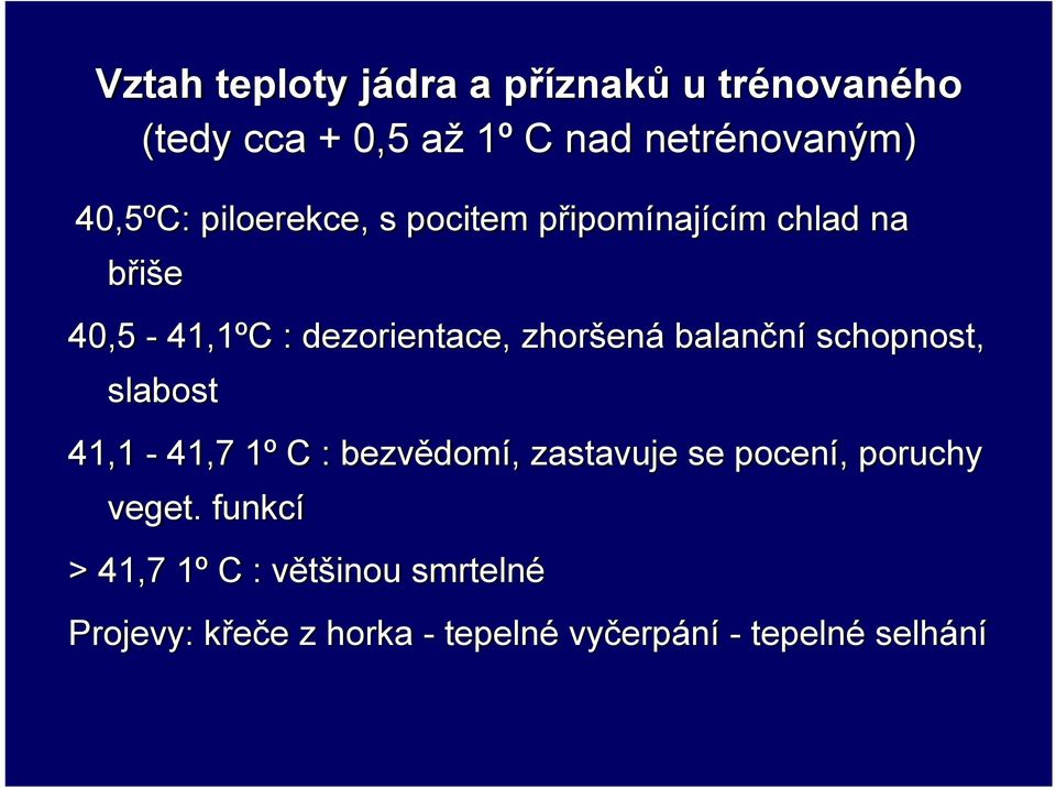 zhoršená balanční schopnost, slabost 41,1-41,7 1º C : bezvědomí, zastavuje se pocení, poruchy