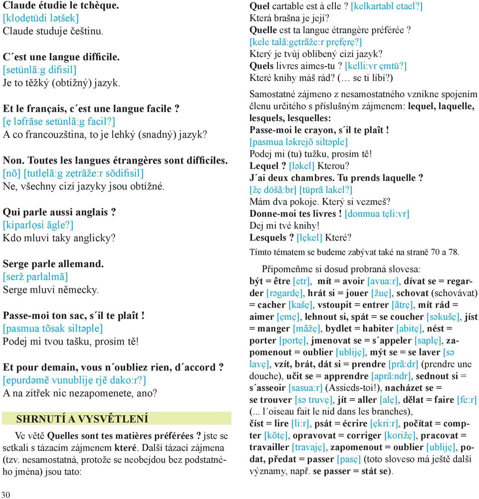 [nõ] [tutlẹlã:g zẹtrãže:r sõdifisil] Ne, všechny cizí jazyky jsou obtížné. Qui parle aussi anglais? [kiparlọsi ãgle?] Kdo mluví taky anglicky? Serge parle allemand.