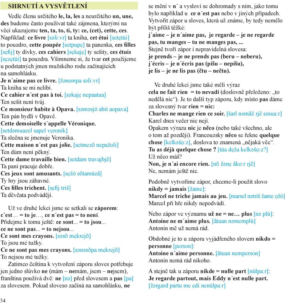 Všimneme si, že tvar cet použijeme u podstatných jmen mužského rodu začínajících na samohlásku. Je n aime pas ce livre. [žənempa səli:vr] Ta kniha se mi nelíbí. Ce cahier n est pas à toi.