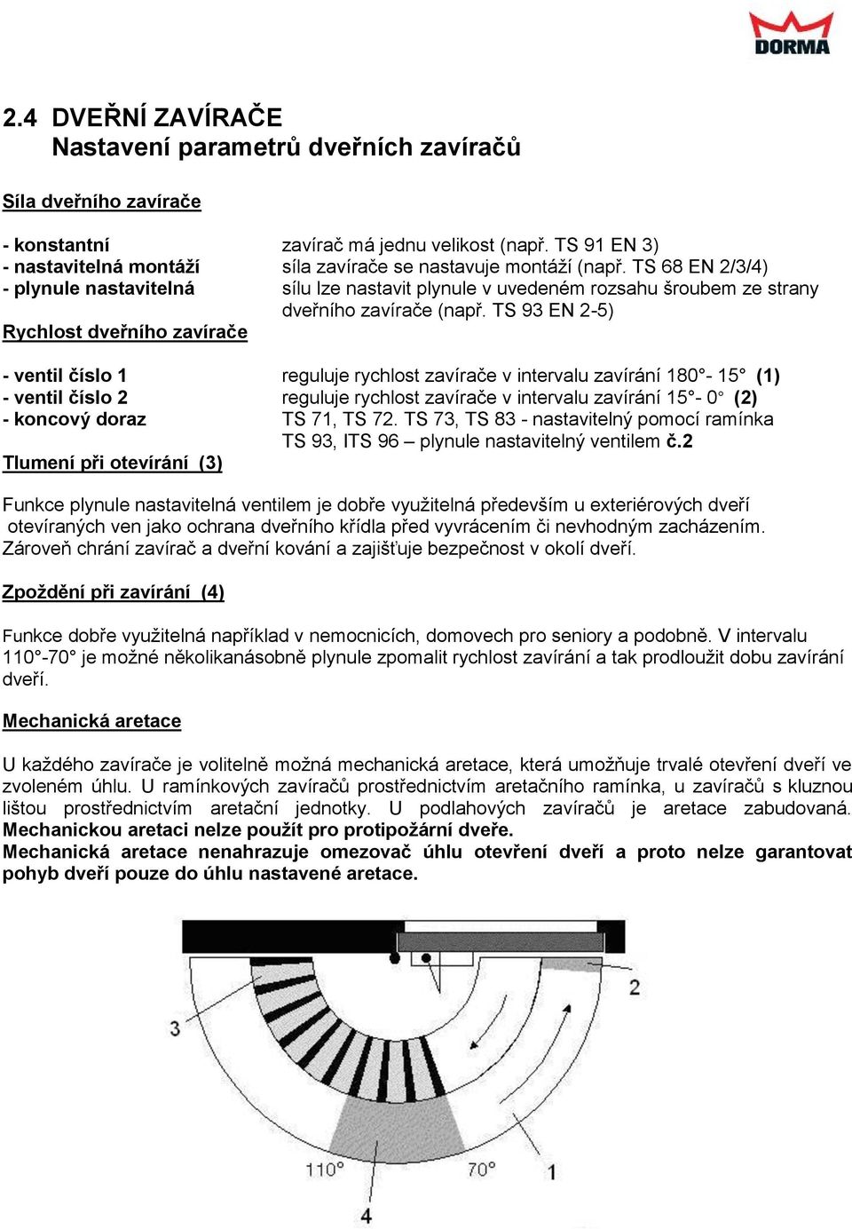 TS 68 EN 2/3/4) - plynule nastavitelná sílu lze nastavit plynule v uvedeném rozsahu šroubem ze strany dveřního zavírače (např.